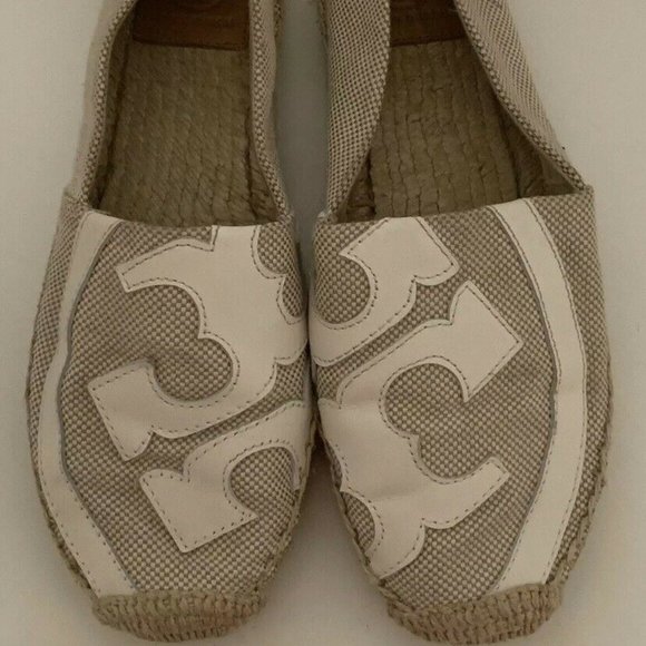 Tory Burch Shoes - Tory Burch Lonnie Beige Leather Logo Canvas 8.5